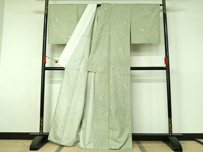 平和屋着物▽上質な小紋　単衣　紬地　唐草文　正絹　逸品　AABJ6172jh