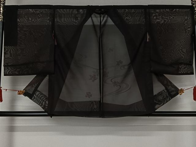 平和屋着物▽羽織　スリーシーズン　春夏秋　塵除け　流水花文　黒地　仮絵羽　正絹　逸品　未使用　AABJ6181jh