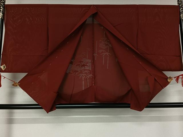 平和屋着物▽羽織　スリーシーズン　春夏秋　塵除け　笹竹松文　葡萄色　十日町織物　仮絵羽　正絹　逸品　未使用　AABJ6182jh