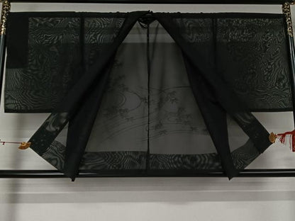 平和屋着物▽羽織　スリーシーズン　春夏秋　塵除け　流水笹の葉文　黒地　仮絵羽　正絹　逸品　未使用　AABJ6183jh