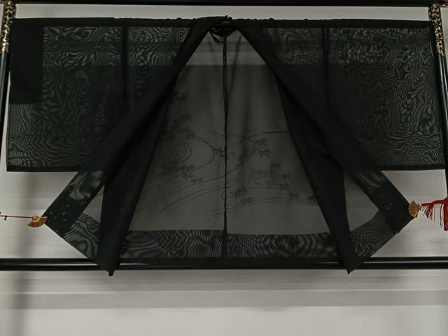 平和屋着物▽羽織　スリーシーズン　春夏秋　塵除け　流水笹の葉文　黒地　仮絵羽　正絹　逸品　未使用　AABJ6183jh