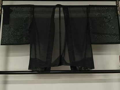 平和屋着物▽羽織　スリーシーズン　春夏秋　塵除け　草花文　黒地　仮絵羽　正絹　逸品　未使用　AABJ6184jh