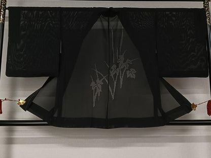平和屋着物▽羽織　スリーシーズン　春夏秋　塵除け　草花文　黒地　正絹　逸品　AABJ6189jh