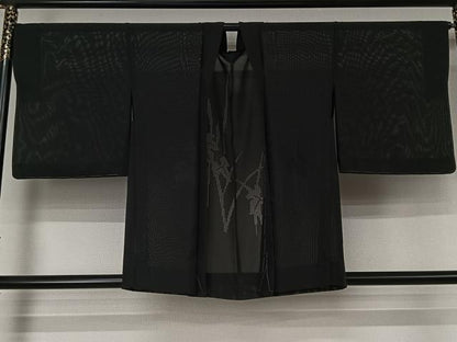平和屋着物▽羽織　スリーシーズン　春夏秋　塵除け　草花文　黒地　正絹　逸品　AABJ6189jh