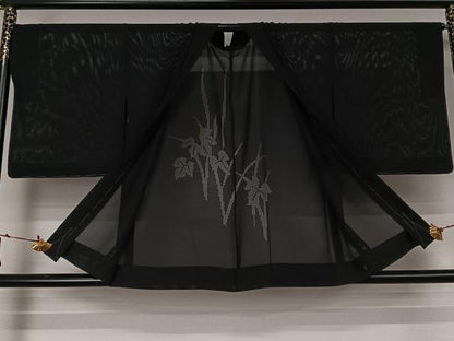 平和屋着物▽羽織　スリーシーズン　春夏秋　塵除け　草花文　黒地　正絹　逸品　AABJ6189jh