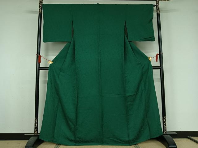 平和屋着物▽上質な色無地　単衣　草花地紋　緑青色　正絹　逸品　AABJ6194jh