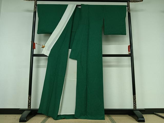 平和屋着物▽上質な色無地　単衣　草花地紋　緑青色　正絹　逸品　AABJ6194jh