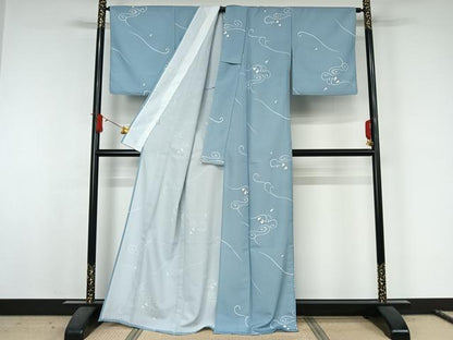 平和屋着物▽小紋　単衣　流水千鳥文　洗える着物　AABJ6200jh
