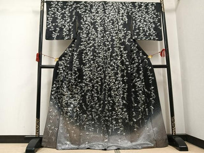 平和屋着物●訪問着　草花文　暈し染め　黒地　銀彩　正絹　逸品　AABJ6212ph