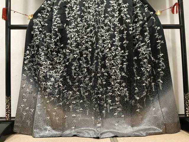平和屋着物●訪問着　草花文　暈し染め　黒地　銀彩　正絹　逸品　AABJ6212ph