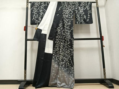 平和屋着物●訪問着　草花文　暈し染め　黒地　銀彩　正絹　逸品　AABJ6212ph