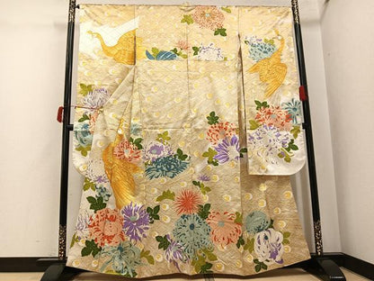 平和屋着物●豪華振袖　駒刺繍　孔雀花文　金彩　正絹　逸品　AABJ6223ph