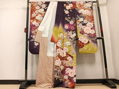 平和屋着物●豪華振袖　刺繍　草花文　暈し染め　金銀彩　銀通し地　正絹　逸品　AABJ6240ph