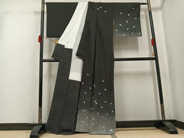 平和屋着物●訪問着　夜桜　たたき染め　黒地　銀彩　正絹　逸品　未使用　AABJ6246ph