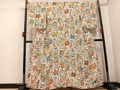 平和屋着物●上質な小紋　型染め　花鳥文　鬼しぼ縮緬　正絹　逸品　AABJ6255ph