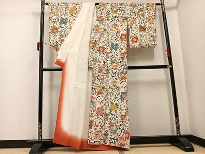 平和屋着物●上質な小紋　型染め　花鳥文　鬼しぼ縮緬　正絹　逸品　AABJ6255ph