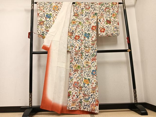 平和屋着物●上質な小紋　型染め　花鳥文　鬼しぼ縮緬　正絹　逸品　AABJ6255ph