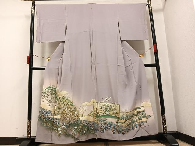 平和屋着物●螺鈿作家　甲斐泰造　色留袖　螺鈿　群れ鶴草花文　暈し染め　金彩　正絹　逸品　AABJ6258ph