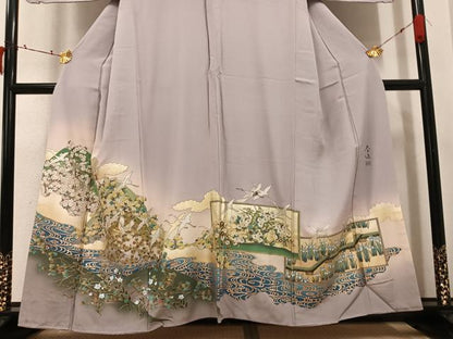 平和屋着物●螺鈿作家　甲斐泰造　色留袖　螺鈿　群れ鶴草花文　暈し染め　金彩　正絹　逸品　AABJ6258ph