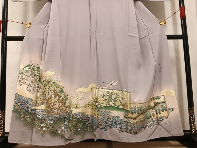 平和屋着物●螺鈿作家　甲斐泰造　色留袖　螺鈿　群れ鶴草花文　暈し染め　金彩　正絹　逸品　AABJ6258ph