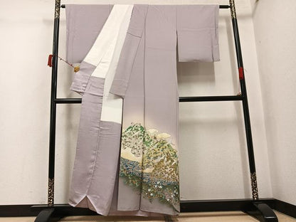 平和屋着物●螺鈿作家　甲斐泰造　色留袖　螺鈿　群れ鶴草花文　暈し染め　金彩　正絹　逸品　AABJ6258ph