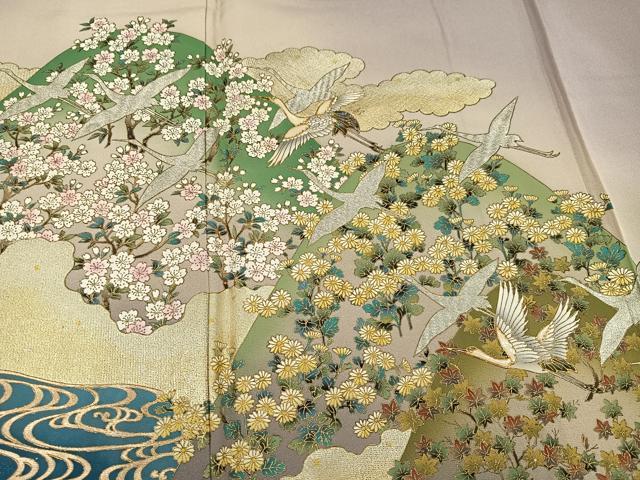 平和屋着物●螺鈿作家　甲斐泰造　色留袖　螺鈿　群れ鶴草花文　暈し染め　金彩　正絹　逸品　AABJ6258ph