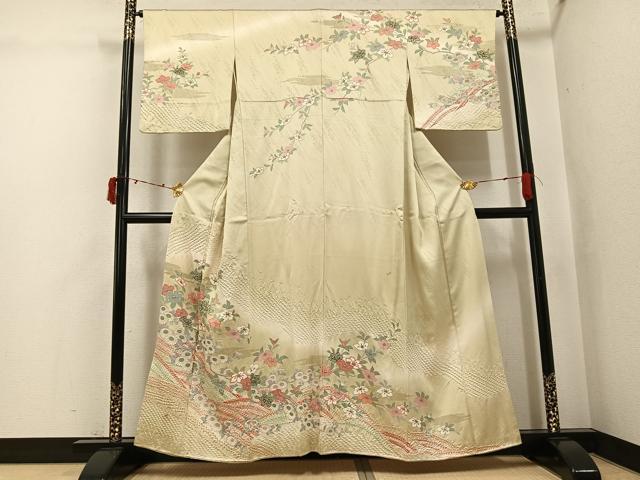 平和屋着物●訪問着　絞り　流水花文　暈し染め　金銀彩　正絹　逸品　AABJ6261ph