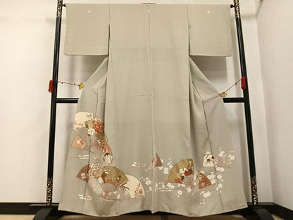 平和屋着物●豪華色留袖　駒刺繍　扇面花文　金彩　正絹　逸品　AABJ6262ph