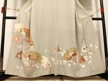 平和屋着物●豪華色留袖　駒刺繍　扇面花文　金彩　正絹　逸品　AABJ6262ph