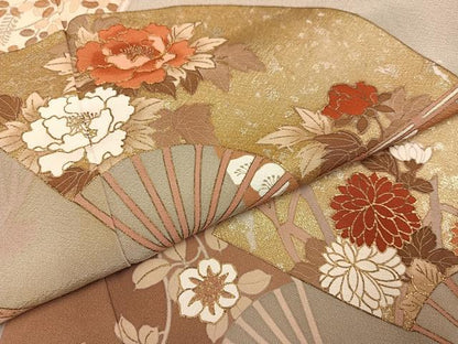 平和屋着物●豪華色留袖　駒刺繍　扇面花文　金彩　正絹　逸品　AABJ6262ph