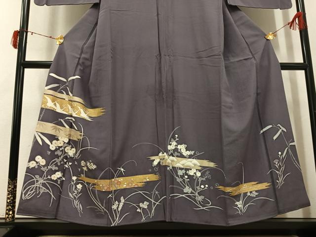 平和屋着物●訪問着　駒刺繍　群れ鶴草花文　金彩　正絹　逸品　AABJ6265ph