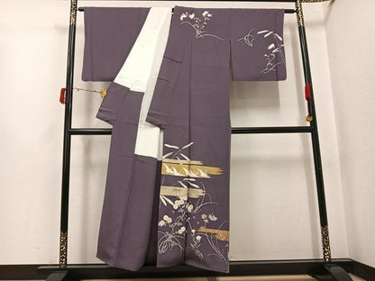 平和屋着物●訪問着　駒刺繍　群れ鶴草花文　金彩　正絹　逸品　AABJ6265ph
