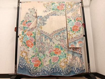 平和屋着物●名門　藤娘きぬたや・総絞り　振袖　草花文　正絹　逸品　AABJ6267ph