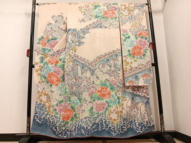 平和屋着物●名門　藤娘きぬたや・総絞り　振袖　草花文　正絹　逸品　AABJ6267ph