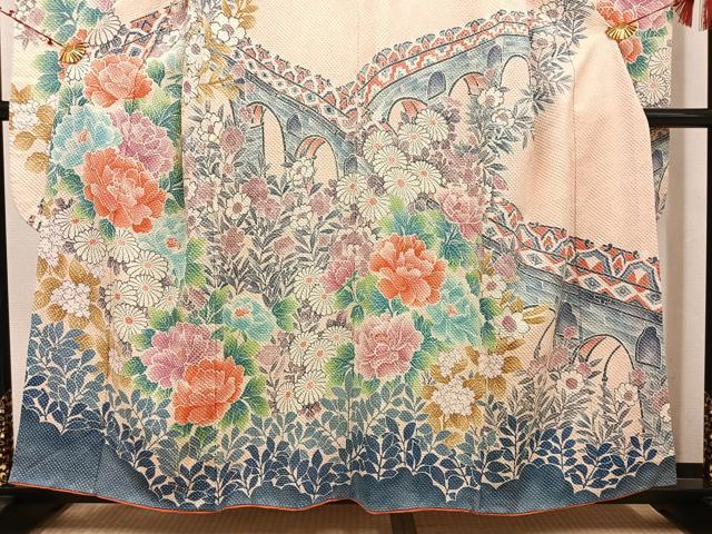 平和屋着物●名門　藤娘きぬたや・総絞り　振袖　草花文　正絹　逸品　AABJ6267ph