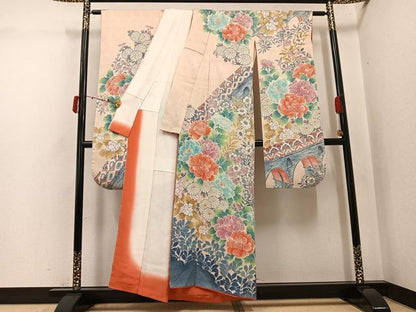 平和屋着物●名門　藤娘きぬたや・総絞り　振袖　草花文　正絹　逸品　AABJ6267ph