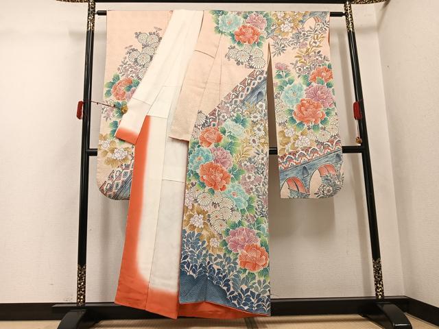 平和屋着物●名門　藤娘きぬたや・総絞り　振袖　草花文　正絹　逸品　AABJ6267ph