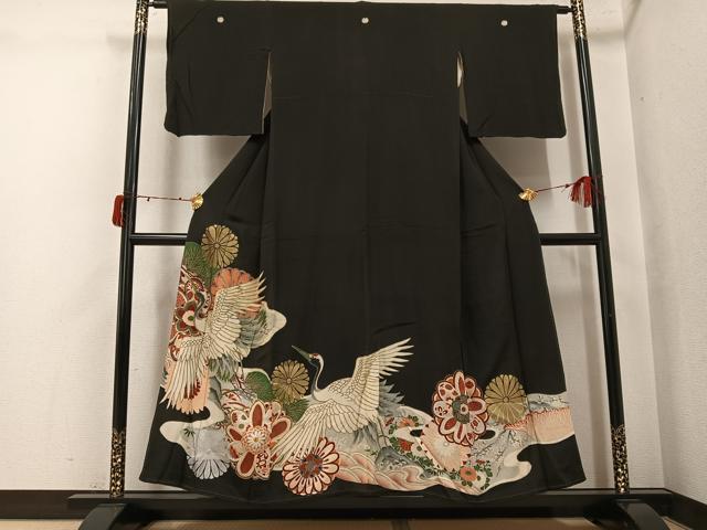 平和屋着物●アンティーク　大正ロマン　黒留袖　駒刺繍　群れ鶴花文　金彩　正絹　逸品　AABJ6270ph