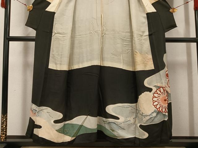 平和屋着物●アンティーク　大正ロマン　黒留袖　駒刺繍　群れ鶴花文　金彩　正絹　逸品　AABJ6270ph