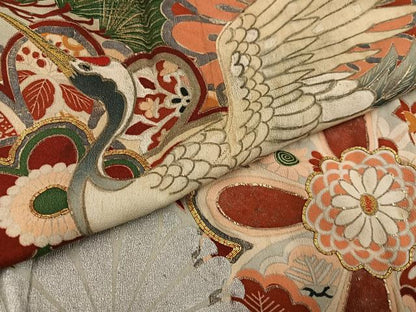 平和屋着物●アンティーク　大正ロマン　黒留袖　駒刺繍　群れ鶴花文　金彩　正絹　逸品　AABJ6270ph