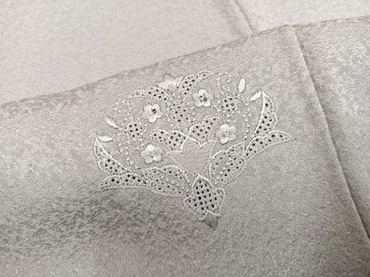 平和屋着物●色留訪問着　中国三大刺繍　汕頭刺繍　スワトウ刺繍　草花地紋　蕎麦切色　正絹　逸品　AABJ6276ph