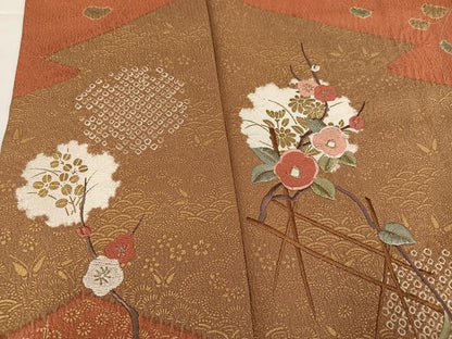 平和屋着物●訪問着　絞り　雪輪草花文　金彩　正絹　逸品　AABJ6278ph
