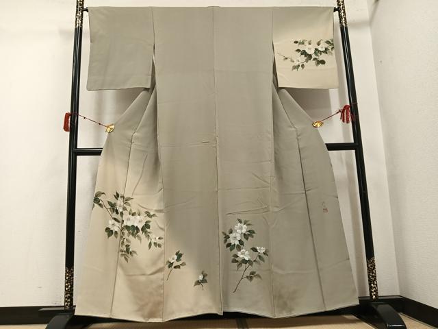 平和屋着物●染色家　岸上純平　訪問着　枝椿　暈し染め　正絹　逸品　AABJ6279ph