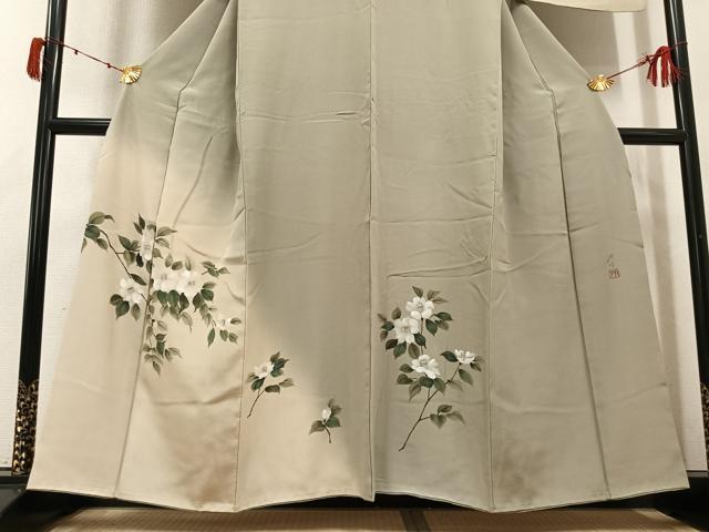 平和屋着物●染色家　岸上純平　訪問着　枝椿　暈し染め　正絹　逸品　AABJ6279ph