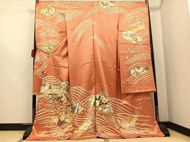 平和屋着物●豪華振袖　駒刺繍　地紙立波花文　金彩　上代28万　仮絵羽　逸品　未使用　AABJ6283ph