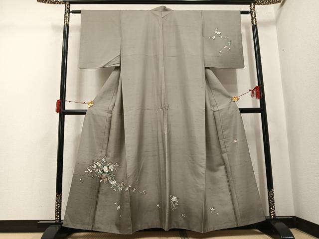 平和屋着物●訪問着　友禅　作家物　紬地　草花文　暈し染め　正絹　逸品　AABJ6291ph