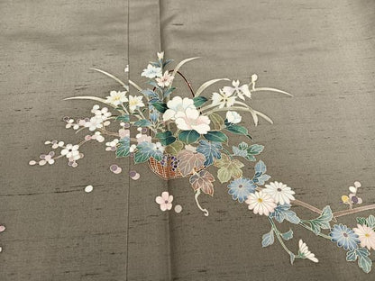 平和屋着物●訪問着　友禅　作家物　紬地　草花文　暈し染め　正絹　逸品　AABJ6291ph