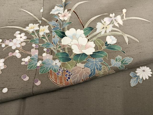平和屋着物●訪問着　友禅　作家物　紬地　草花文　暈し染め　正絹　逸品　AABJ6291ph