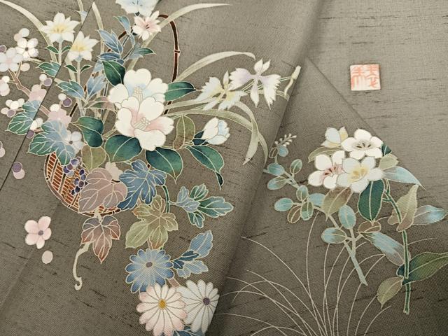 平和屋着物●訪問着　友禅　作家物　紬地　草花文　暈し染め　正絹　逸品　AABJ6291ph
