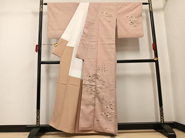 平和屋着物●訪問着　紬地　草花文　正絹　逸品　AABJ6293ph